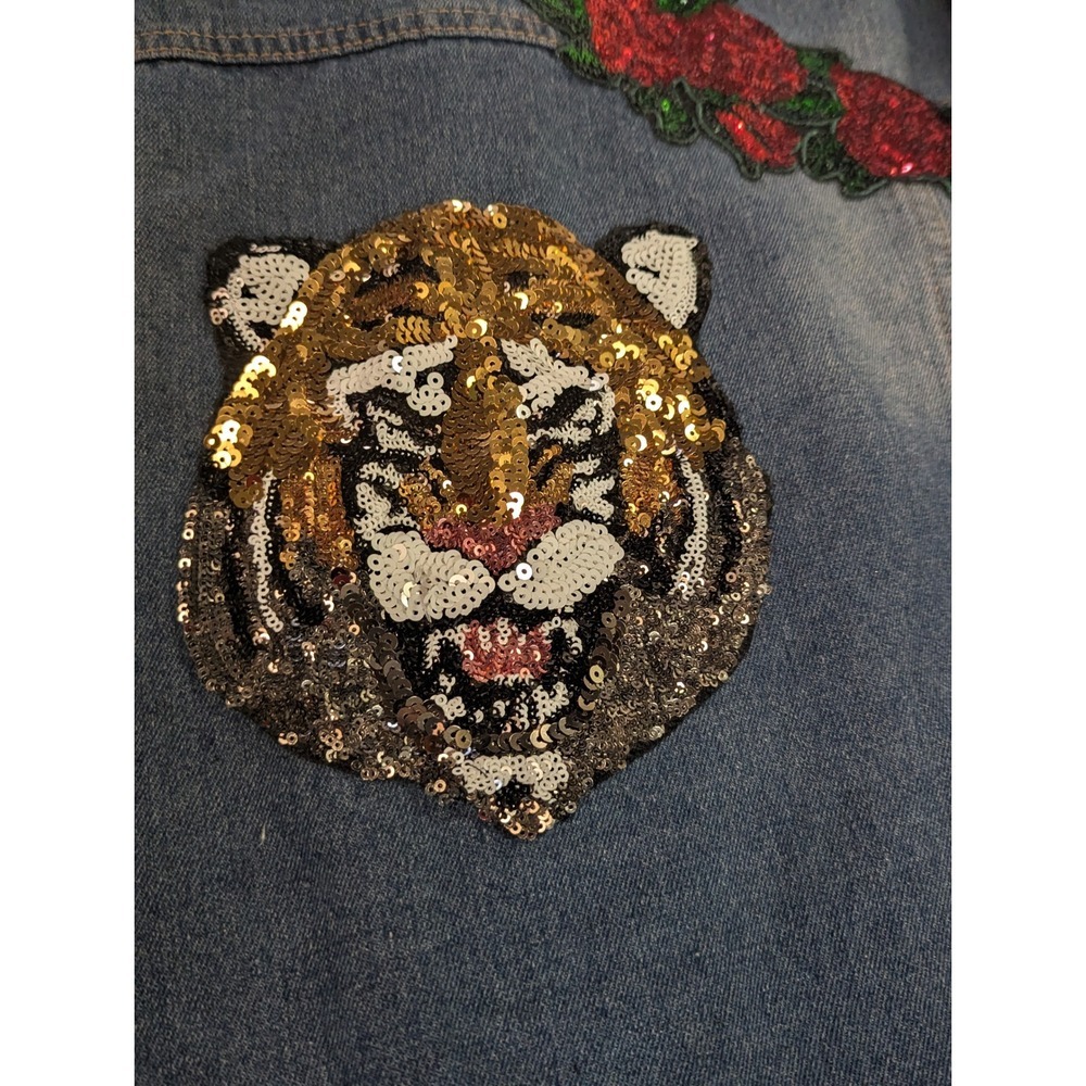 Say What? Oversized Denim Jacket XS Sequin Tiger Rose Patches Distressed Jean - Picture 3 of 16